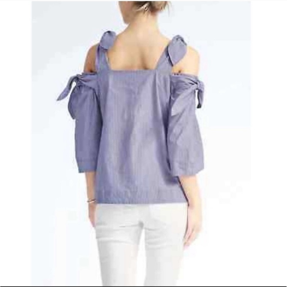 Banana Republic Double Bow Cold Shoulder Striped Top Blue White Coquette Stripe - Picture 3 of 13